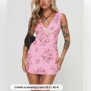 Princess Polly Pink Floral Lace Mini Dress NWOT Coquette Y2K V Neck Feminine